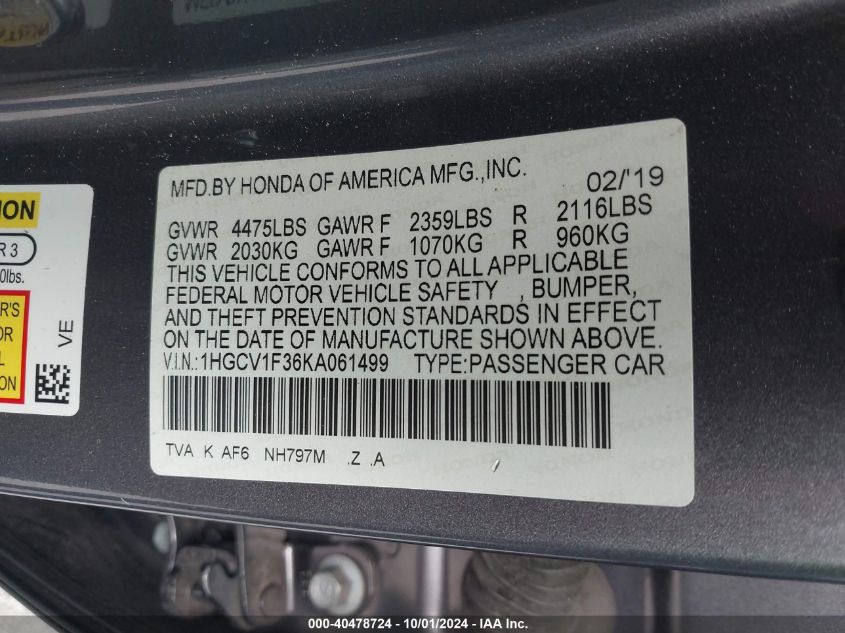 1HGCV1F36KA061499 2019 Honda Accord Sport