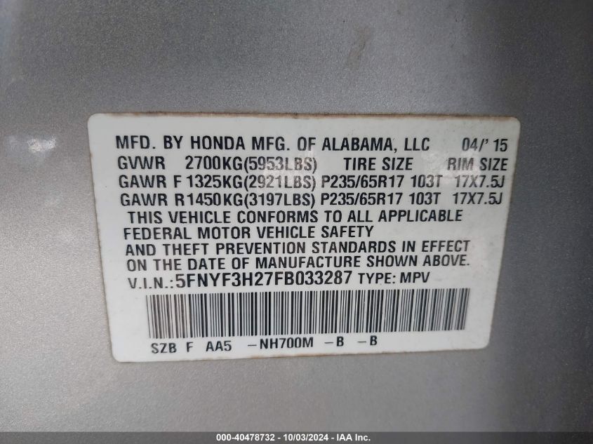 5FNYF3H27FB033287 2015 Honda Pilot Lx