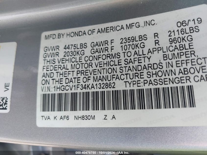 1HGCV1F34KA132862 2019 Honda Accord Sport