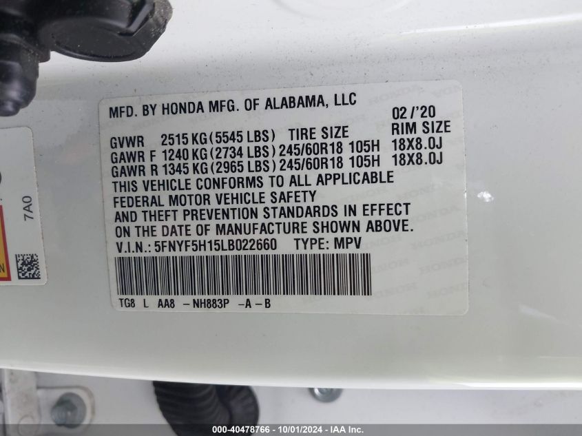 2020 Honda Pilot 2Wd Lx VIN: 5FNYF5H15LB022660 Lot: 40478766