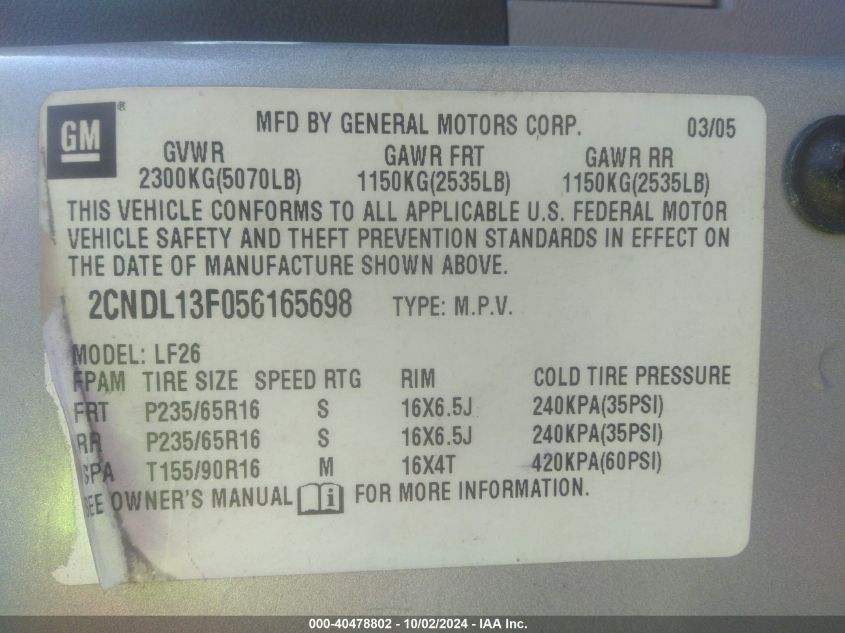 2CNDL13F056165698 2005 Chevrolet Equinox Ls