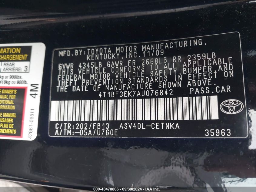 2010 Toyota Camry VIN: 4T1BF3EK7AU076842 Lot: 40478805