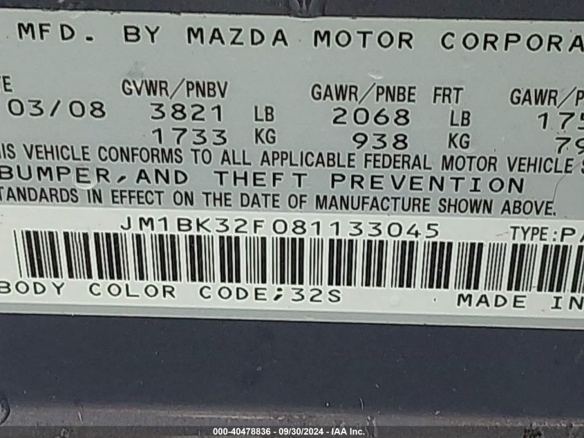 JM1BK32F081133045 2008 Mazda Mazda3 I Touring Value