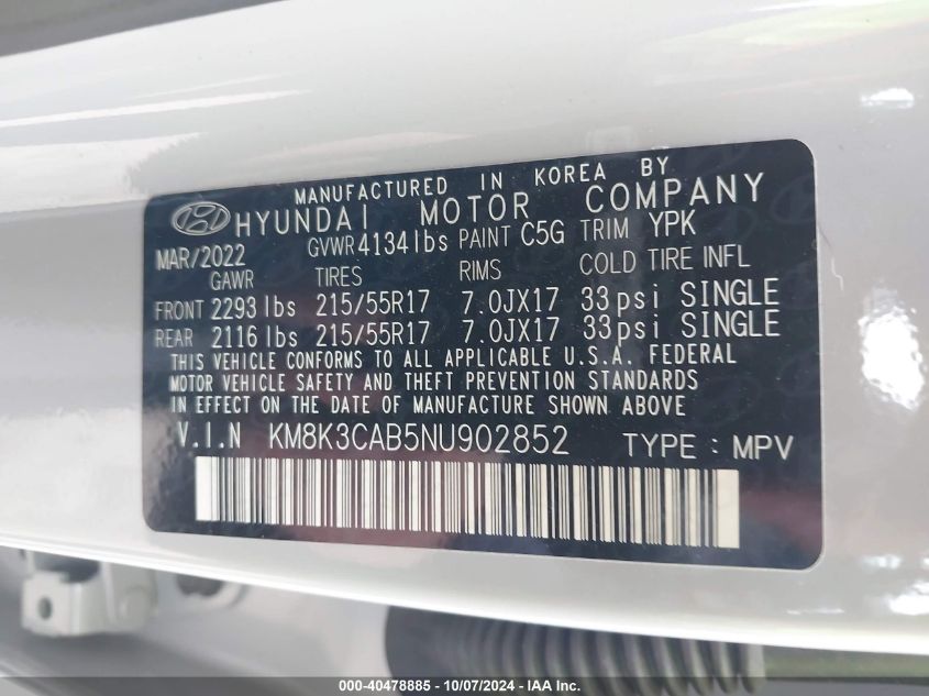 2022 Hyundai Kona Sel VIN: KM8K3CAB5NU902852 Lot: 40478885