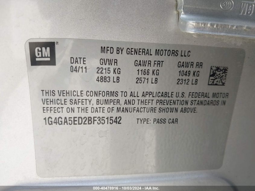 1G4GA5ED2BF351542 2011 Buick Lacrosse Cx