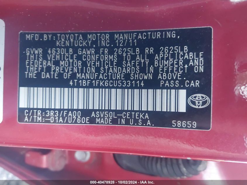4T1BF1FK6CU533114 2012 Toyota Camry L