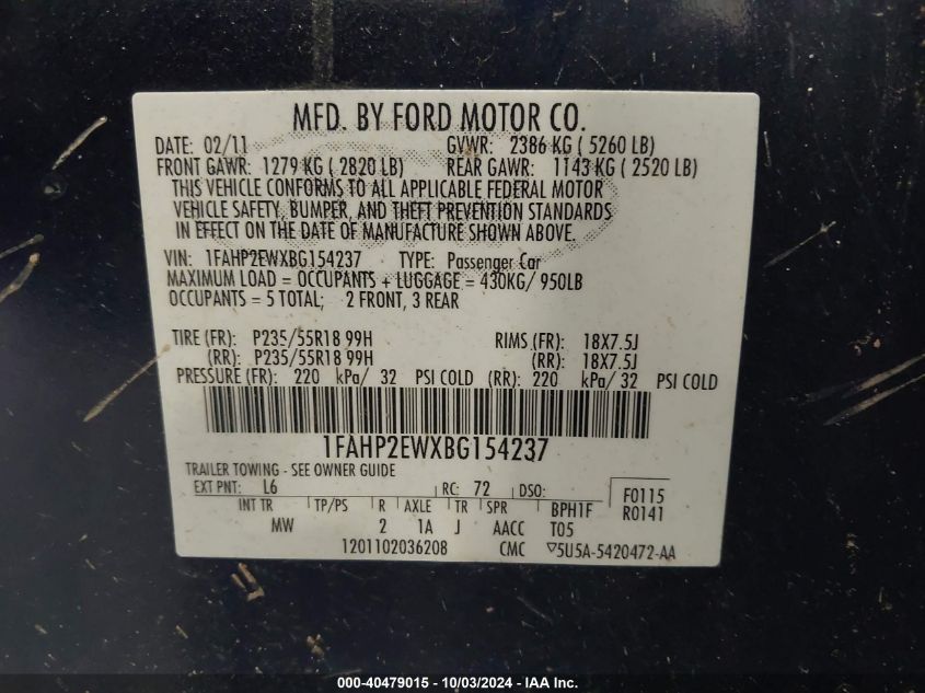 1FAHP2EWXBG154237 2011 Ford Taurus Sel