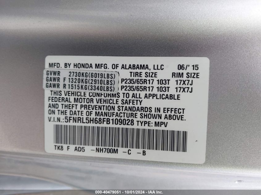 2015 Honda Odyssey Ex-L VIN: 5FNRL5H68FB109028 Lot: 40479051