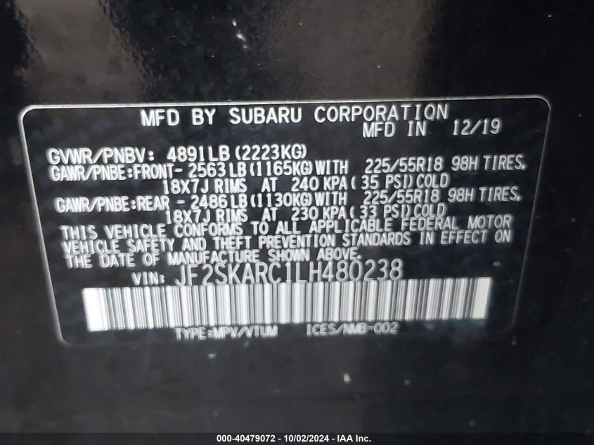 2020 Subaru Forester Sport VIN: JF2SKARC1LH480238 Lot: 40479072