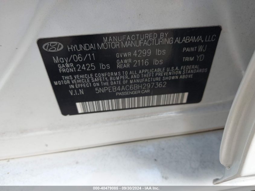 5NPEB4AC6BH297362 2011 Hyundai Sonata Gls