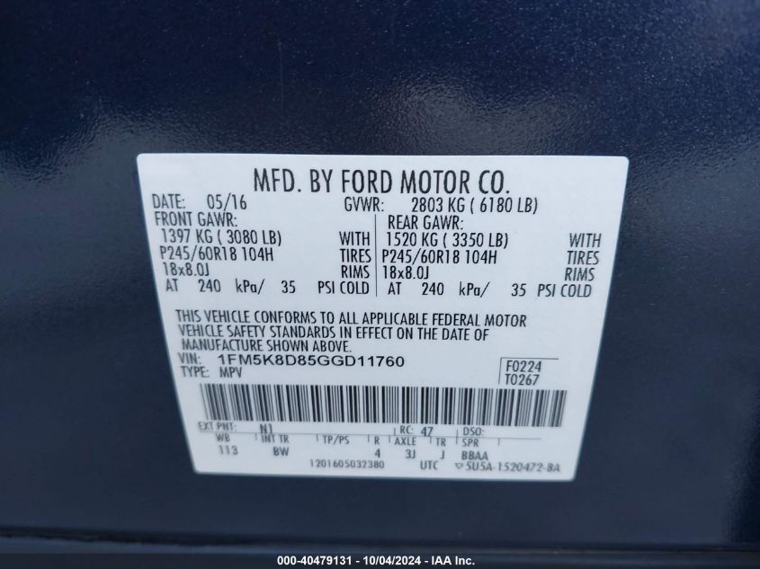 1FM5K8D85GGD11760 2016 Ford Explorer Xlt