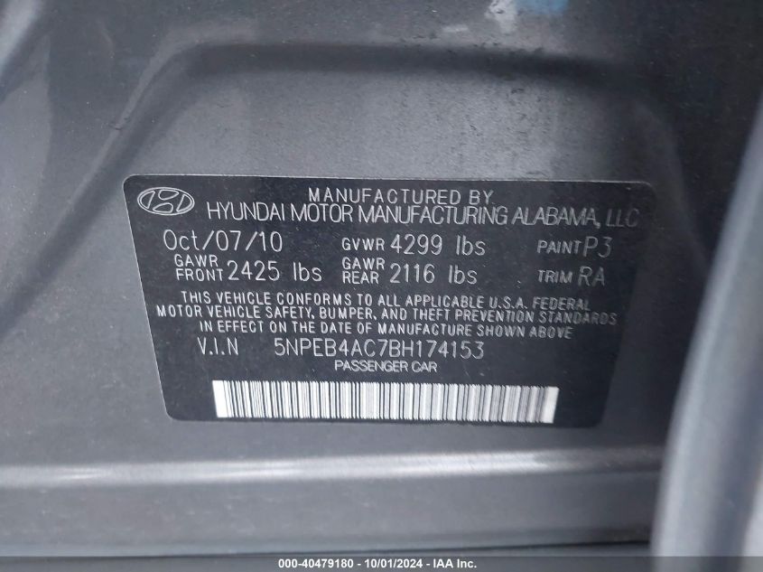 5NPEB4AC7BH174153 2011 Hyundai Sonata Gls