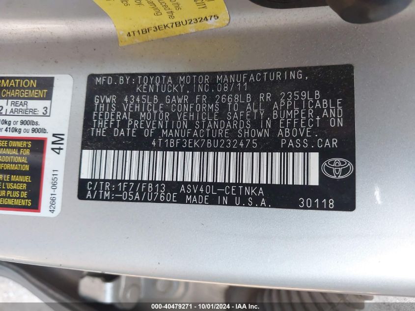 4T1BF3EK7BU232475 2011 Toyota Camry Se/Le/Xle