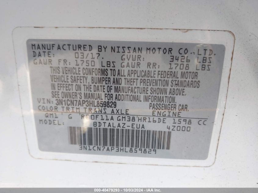 3N1CN7AP3HL859829 2017 Nissan Versa 1.6 S+