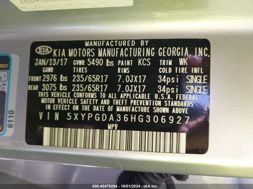 5XYPGDA36HG306927 2017 Kia Sorento Lx/L