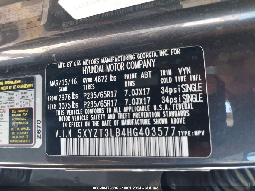 5XYZT3LB4HG403577 2017 Hyundai Santa Fe Sport 2.4L