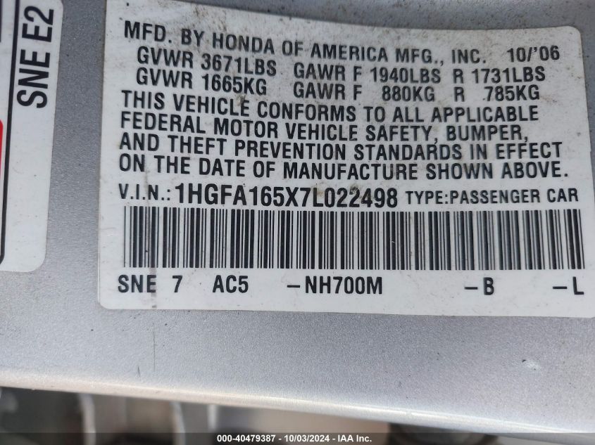 1HGFA165X7L022498 2007 Honda Civic Lx