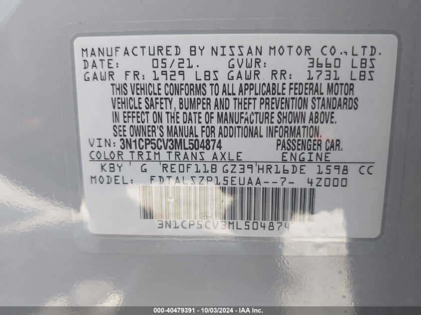 3N1CP5CV3ML504874 2021 Nissan Kicks Sv Xtronic Cvt