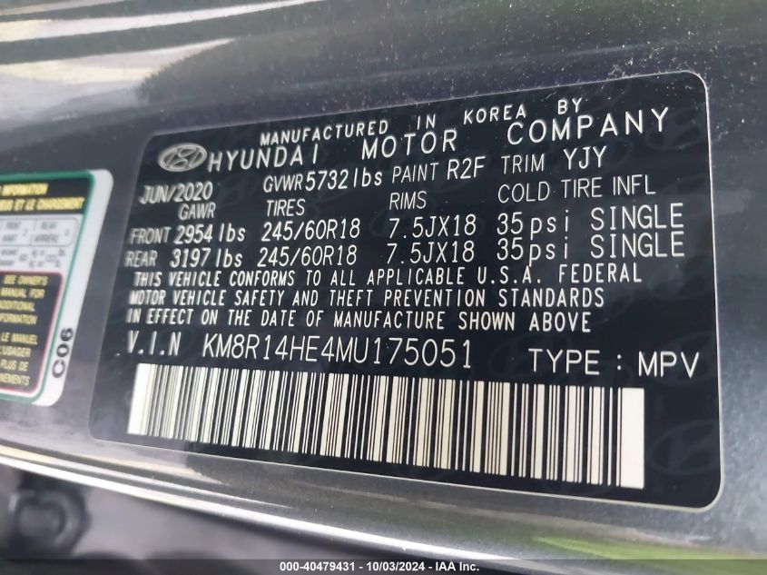 2021 Hyundai Palisade Se VIN: KM8R14HE4MU175051 Lot: 40479431