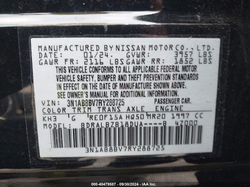 2024 Nissan Sentra S Xtronic Cvt VIN: 3N1AB8BV7RY288725 Lot: 40479587