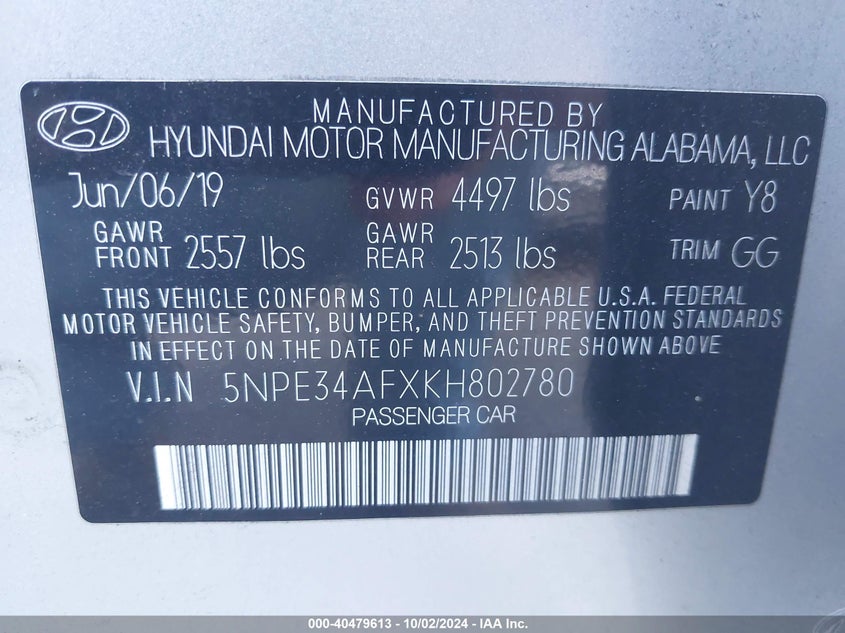VIN 5NPE34AFXKH802780 2019 HYUNDAI SONATA SEL