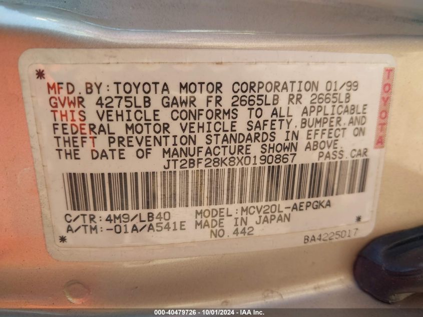 JT2BF28K8X0190867 1999 Toyota Camry Le/Xle