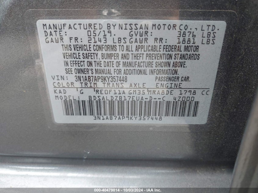 3N1AB7AP9KY357448 2019 Nissan Sentra Sv