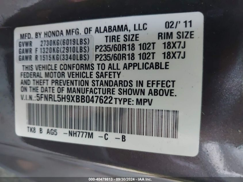 5FNRL5H9XBB047622 2011 Honda Odyssey Touring/Touring Elite