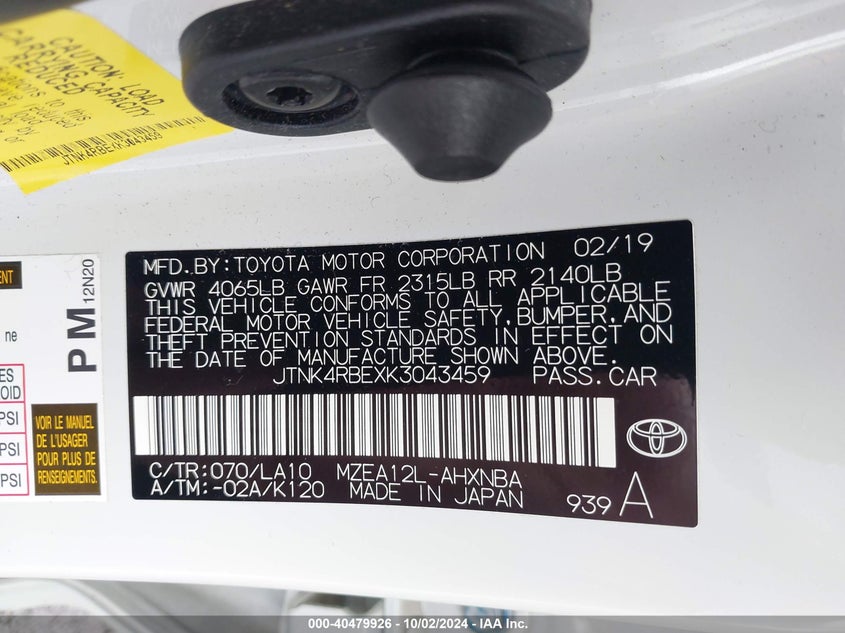 VIN JTNK4RBEXK3043459 2019 TOYOTA COROLLA XSE