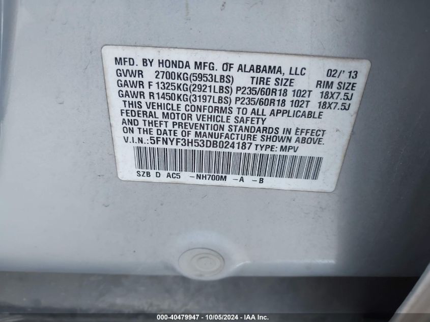 5FNYF3H53DB024187 2013 Honda Pilot Exl