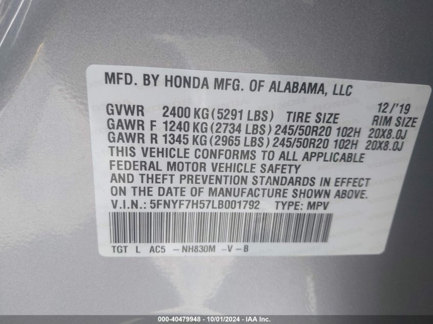 2020 Honda Passport 2Wd Ex-L VIN: 5FNYF7H57LB001792 Lot: 40479948