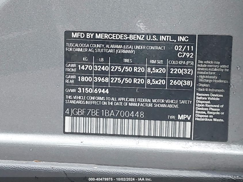 4JGBF7BE1BA700448 2011 Mercedes-Benz Gl 450 4Matic