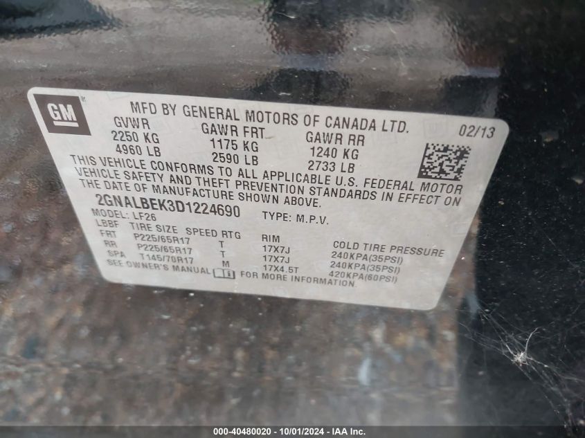 2013 Chevrolet Equinox Ls VIN: 2GNALBEK3D1224690 Lot: 40480020