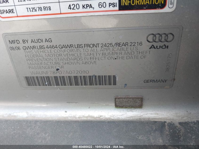 WAUNF78P07A072090 2007 Audi A3 2.0T