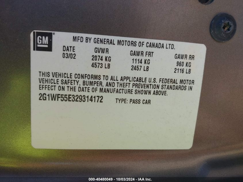 2G1WF55E329314172 2002 Chevrolet Impala