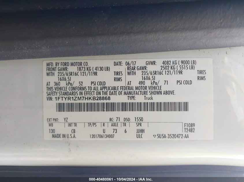 VIN 1FTYR1ZM7HKB28868 2017 FORD TRANSIT-250