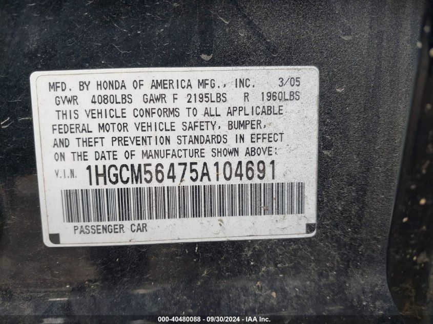 1HGCM56475A104691 2005 Honda Accord 2.4 Lx