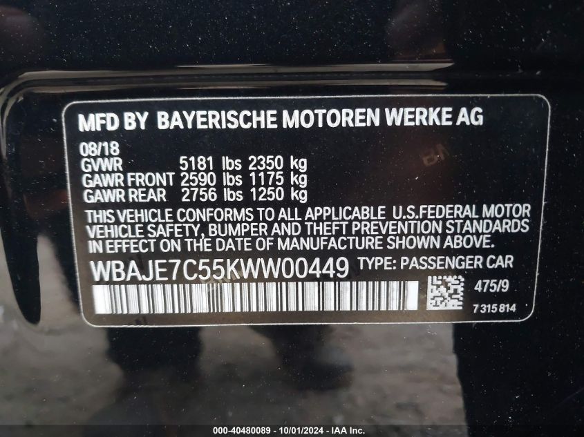 WBAJE7C55KWW00449 2019 BMW 540 Xi