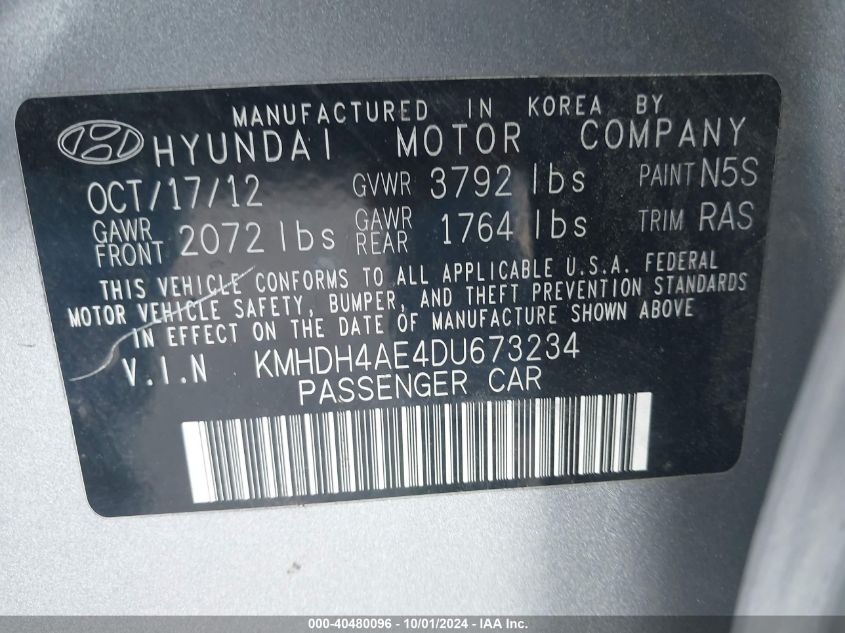 2013 Hyundai Elantra Limited VIN: KMHDH4AE4DU673234 Lot: 40480096