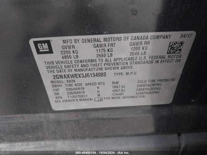 2GNAXWEX3J6134980 2018 Chevrolet Equinox Premier