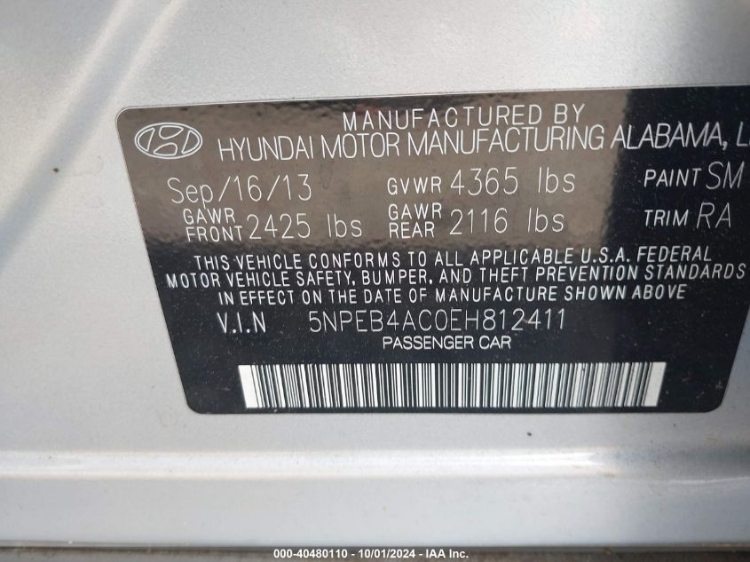 5NPEB4AC0EH812411 2014 Hyundai Sonata Gls