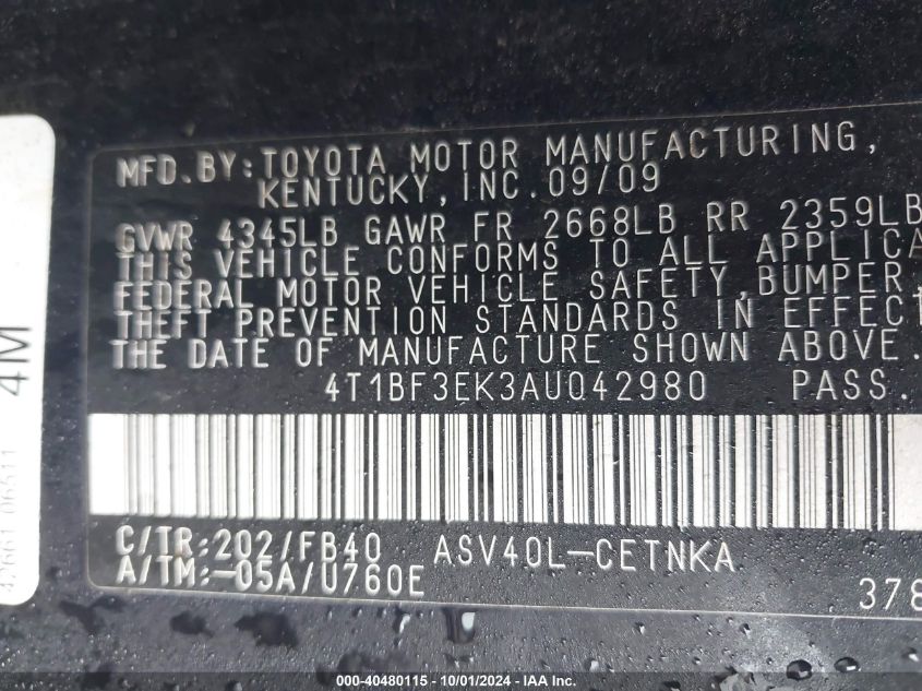 2010 Toyota Camry VIN: 4T1BF3EK3AU042980 Lot: 40480115