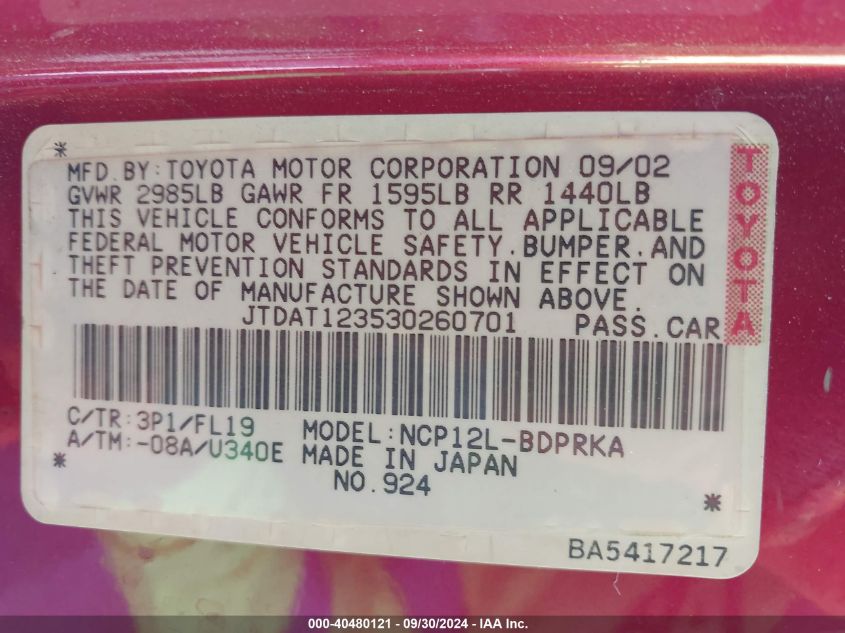 JTDAT123530260701 2003 Toyota Echo