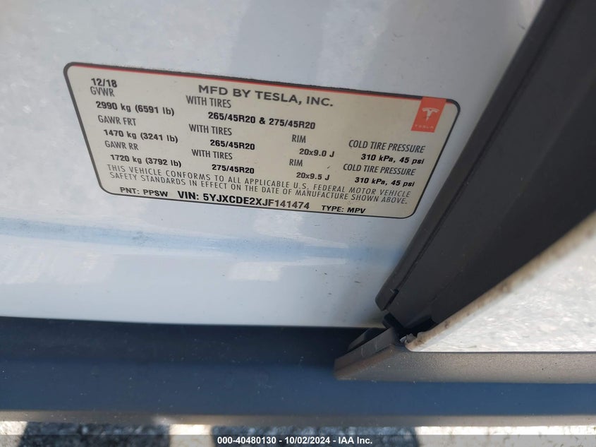 2018 TESLA MODEL X VIN: 5YJXCDE2XJF141474