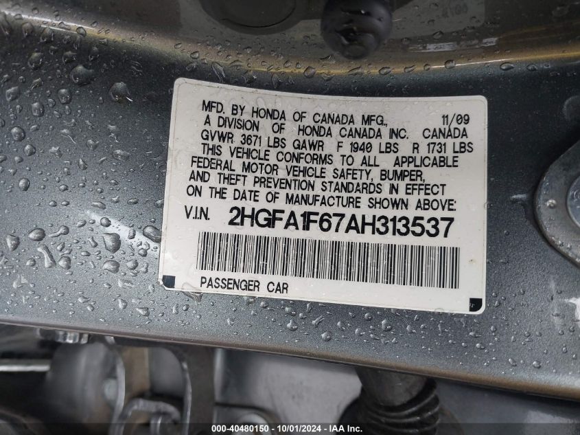 2HGFA1F67AH313537 2010 Honda Civic Sdn Lx-S