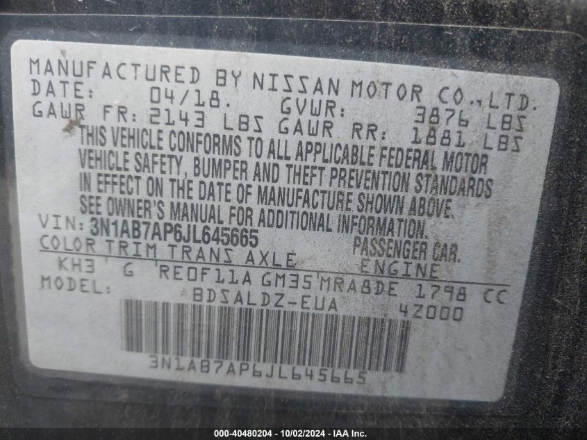 3N1AB7AP6JL645665 2018 Nissan Sentra Sv