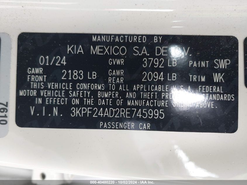 2024 Kia Forte Lxs VIN: 3KPF24AD2RE745995 Lot: 40480220