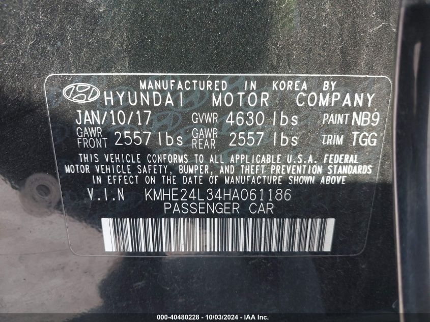 KMHE24L34HA061186 2017 Hyundai Sonata Hybrid Se