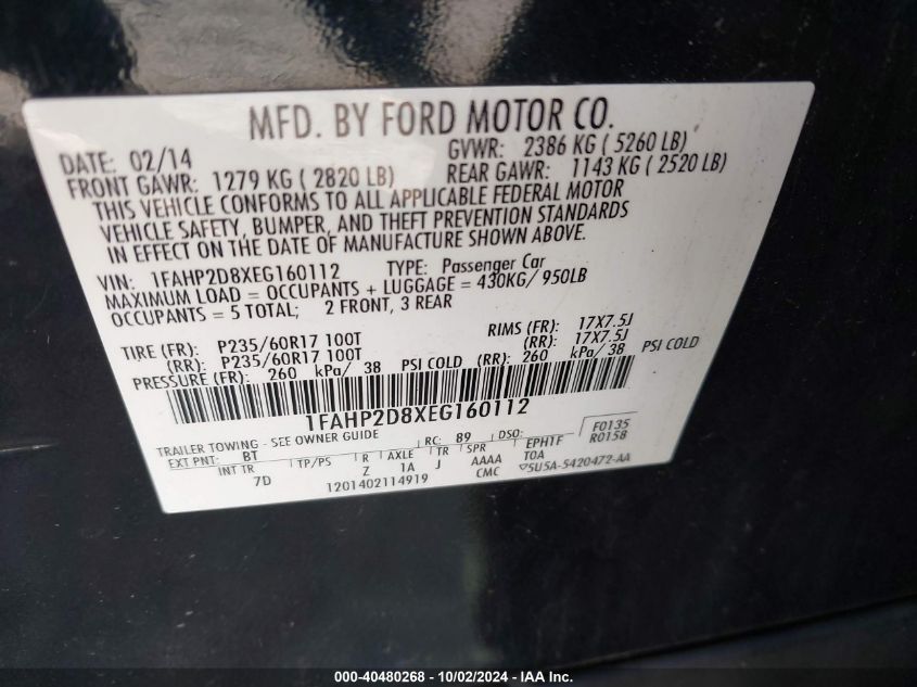 1FAHP2D8XEG160112 2014 Ford Taurus Se