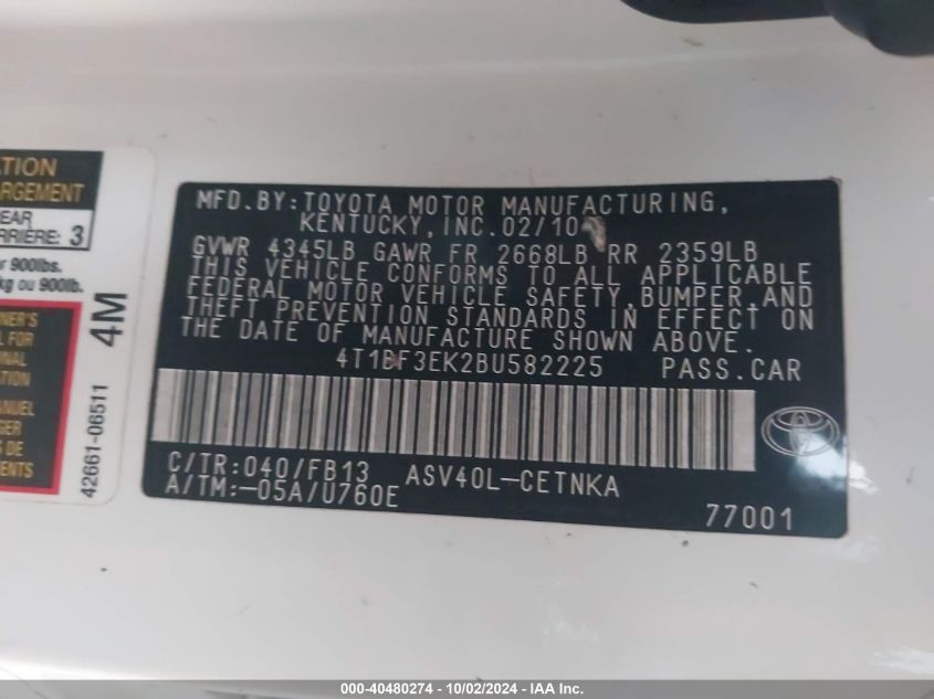 4T1BF3EK2BU582225 2011 Toyota Camry Le